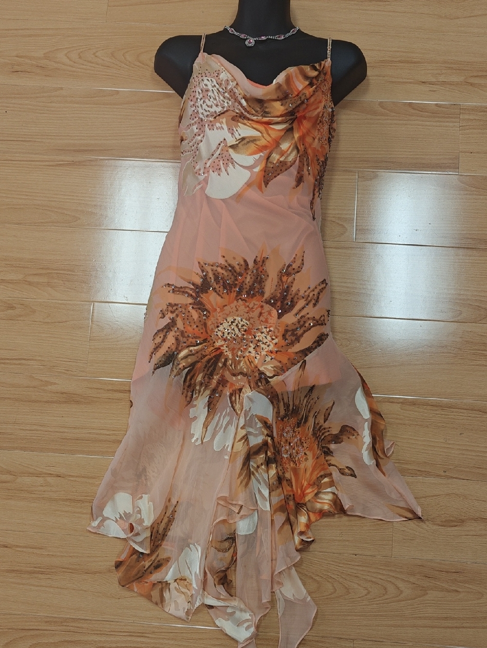 Cache Peach Floral Silk Slip Dress with Beaded Accents
